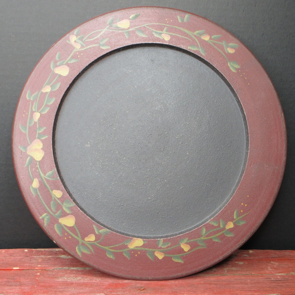 Folk Art Primitive Floral Round Wooden‎ Charger Plate Wall Plaque Burgundy